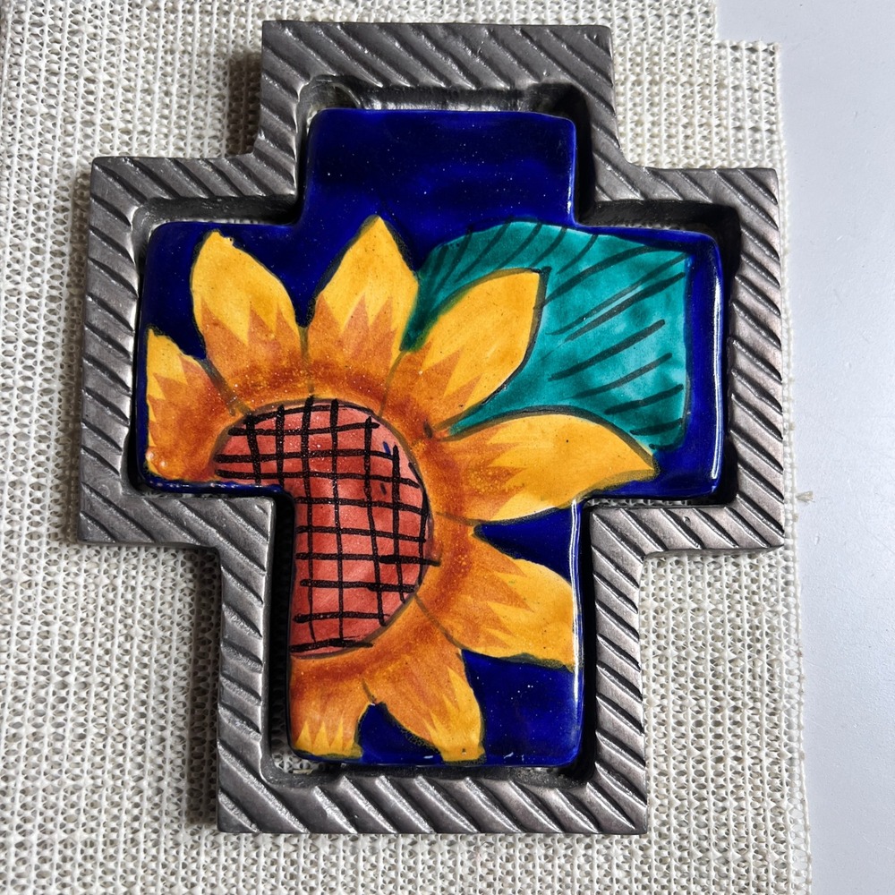 Mexican Talavera Sunflower Ceramic Tile Cross Pewter Metal Frame Wall Art 5 inch